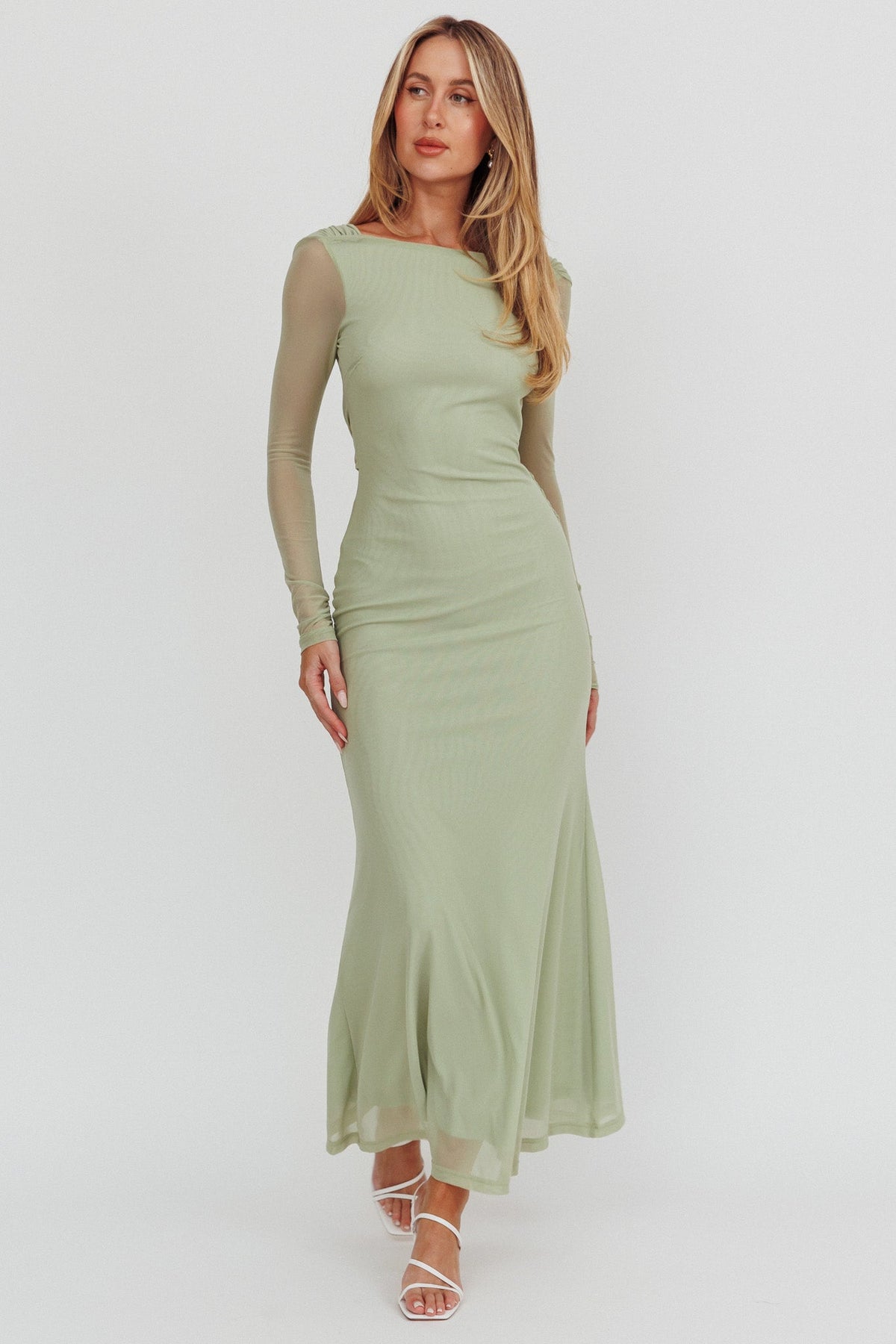 Lustre Open Back Mesh Maxi Dress Sage Main image