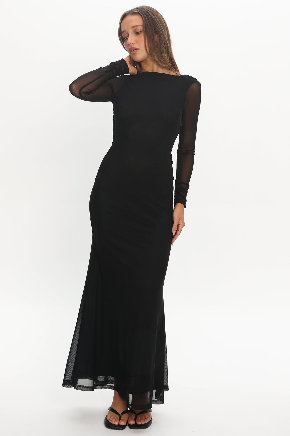 Lustre Open Back Mesh Maxi Dress Black Main image