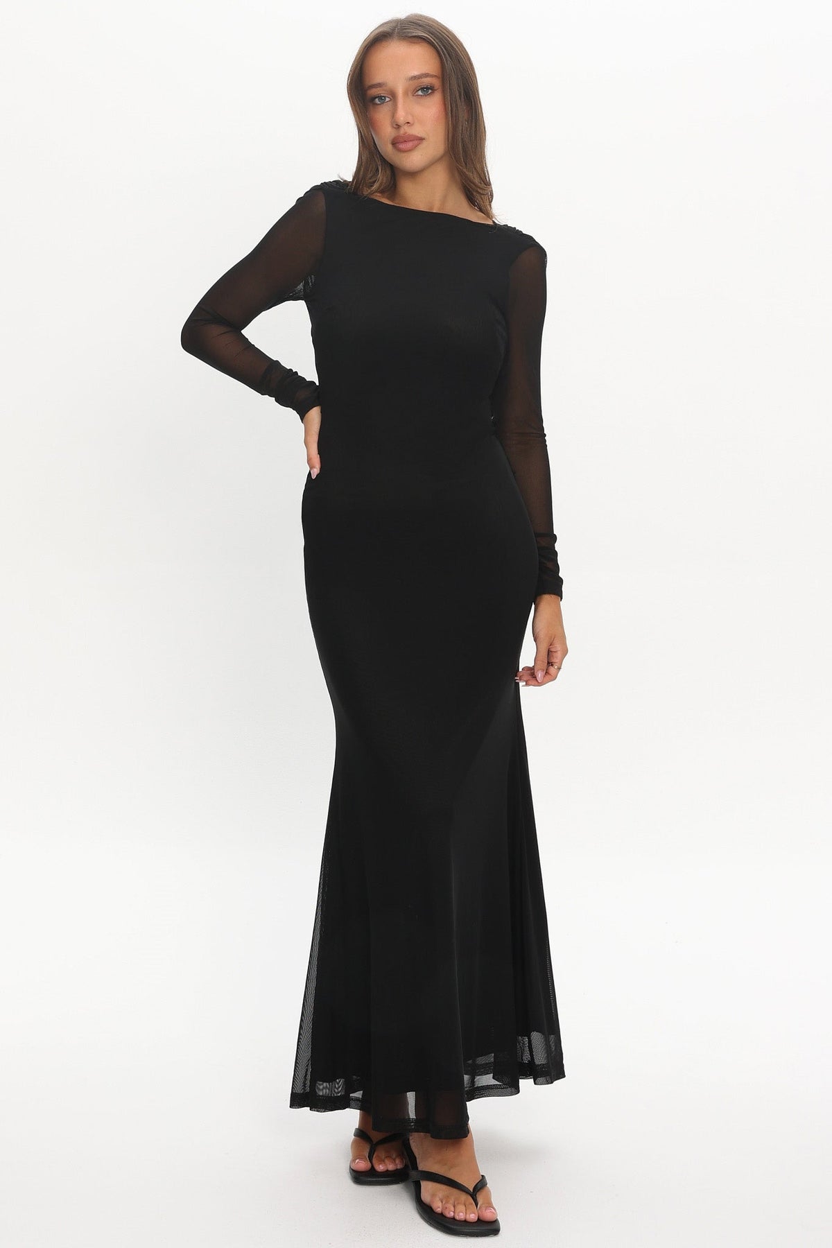 Lustre Open Back Mesh Maxi Dress Black