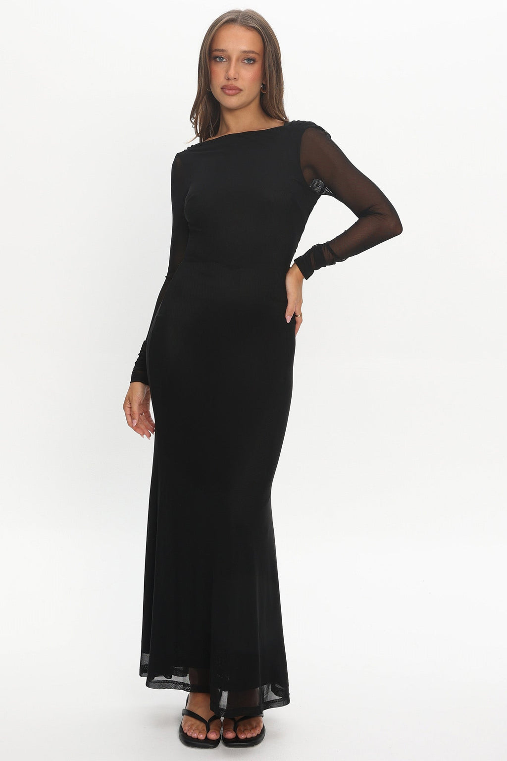 Lustre Open Back Mesh Maxi Dress Black