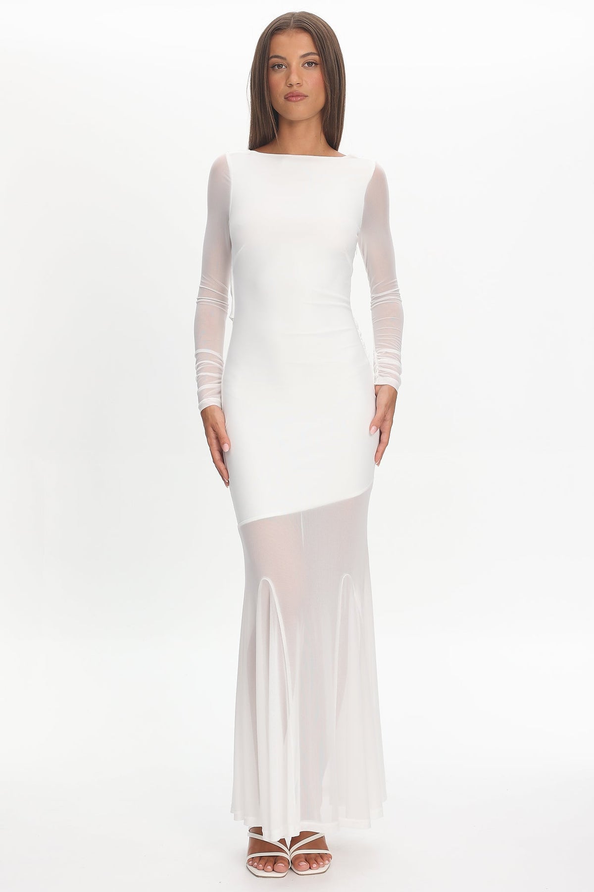 Lustre Long Sleeve Open Back Maxi Dress White