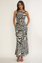 Floating Tied Low Back Maxi Dress Print Black/White