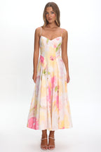 Get My Attention Pleat Waist Maxi Dress Floral Yellow