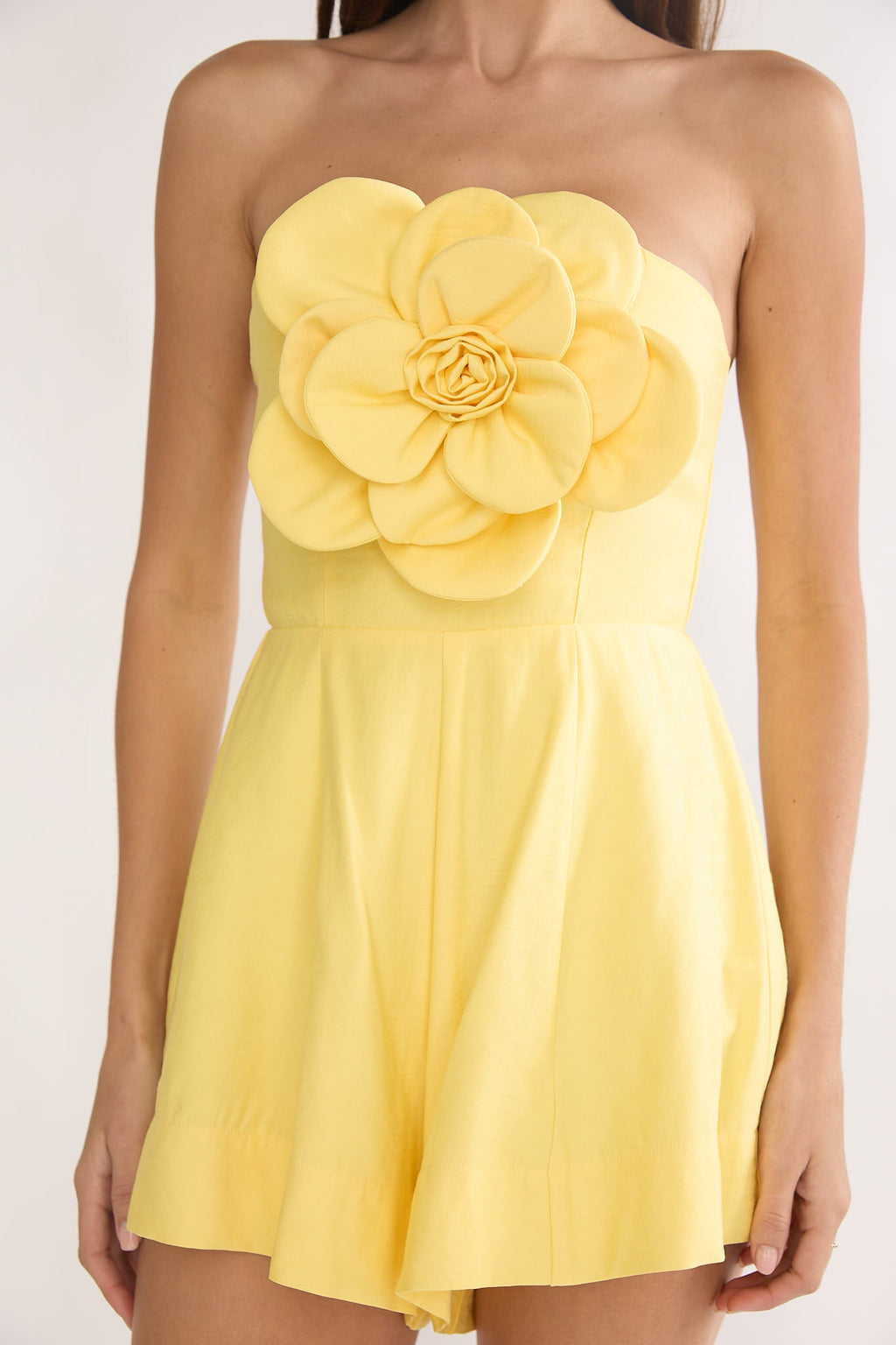 Karoline 3D Flower Strapless Mini Romper Yellow
