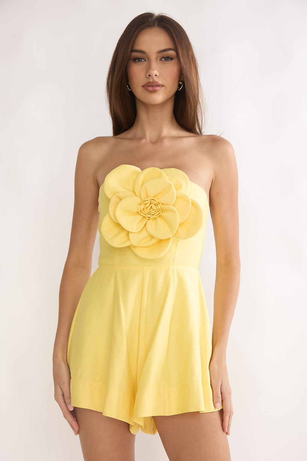 Karoline 3D Flower Strapless Mini Romper Yellow