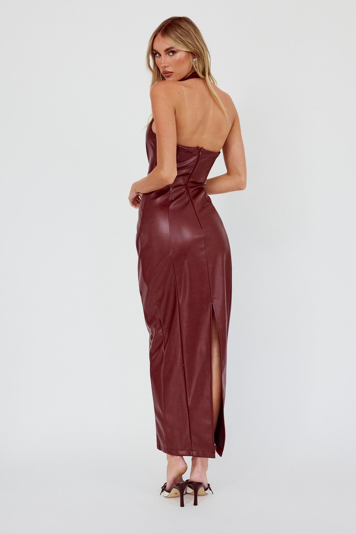 Marella Halterneck Faux Leather Maxi Dress Wine