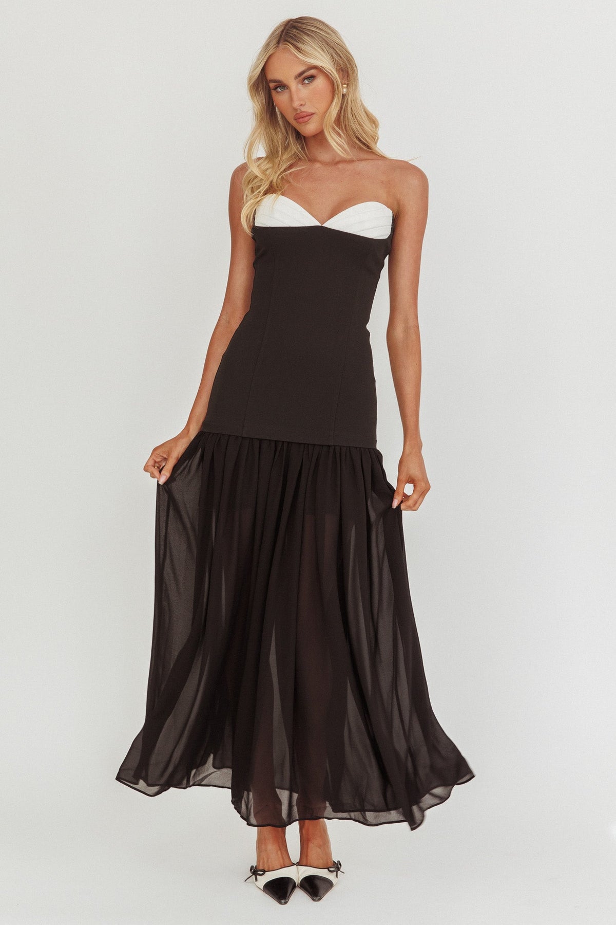 Unspoken Sweetheart Neckline Sheer Hem Maxi Dress Black Main image