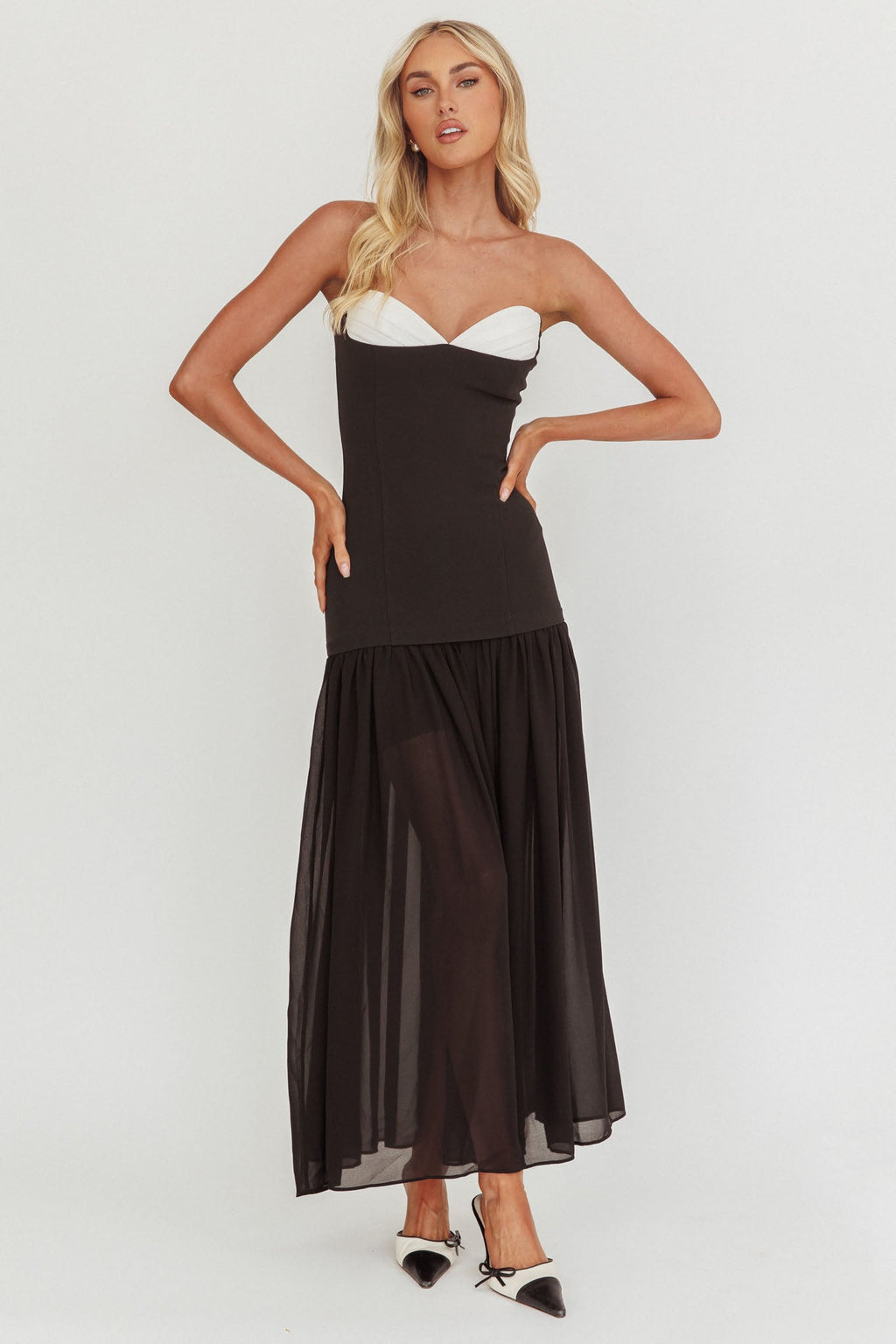 Unspoken Sweetheart Neckline Sheer Hem Maxi Dress Black