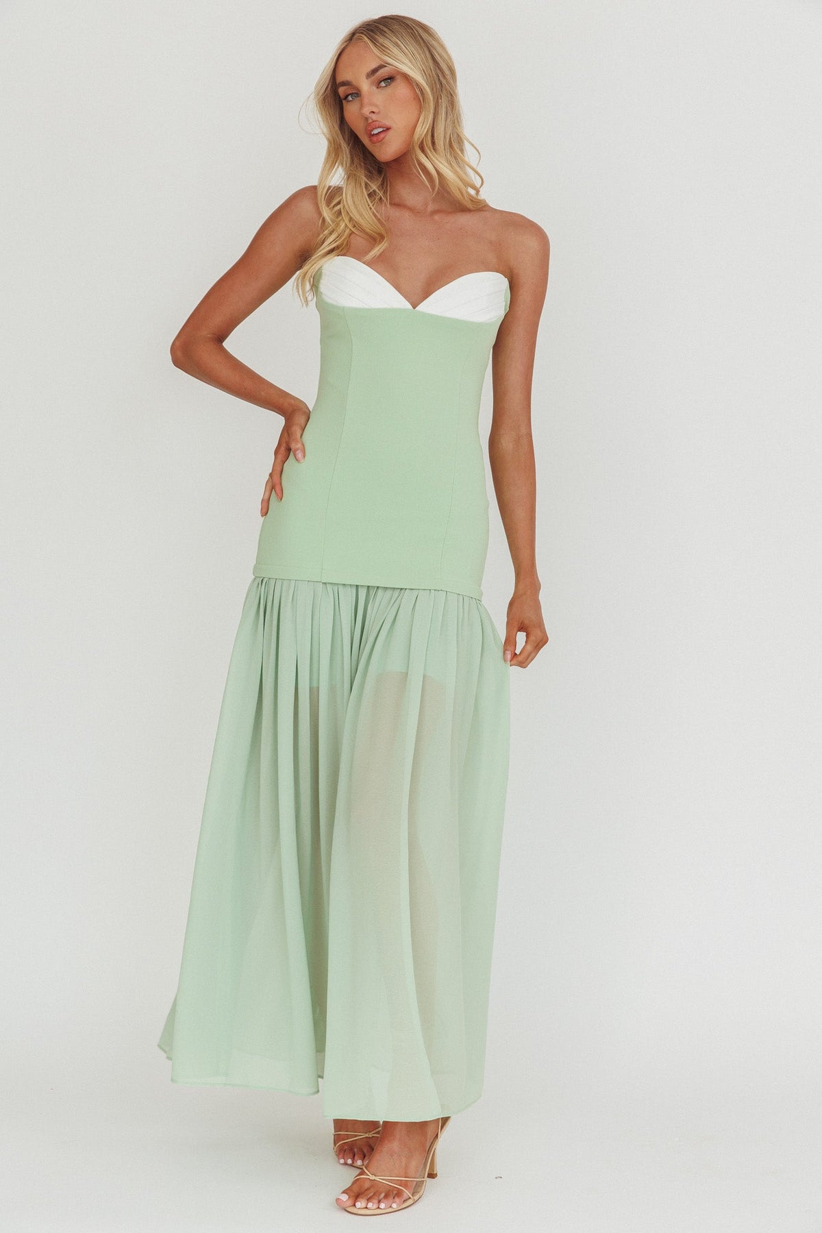Unspoken Sweetheart Neckline Sheer Hem Maxi Dress Sage Main image