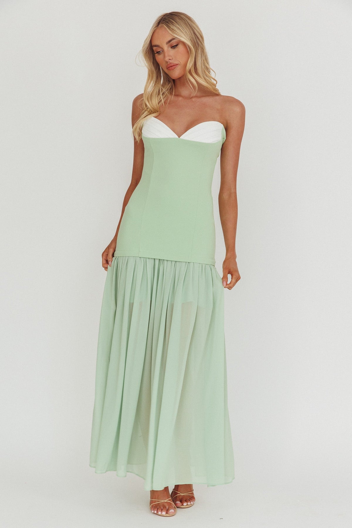 Unspoken Sweetheart Neckline Sheer Hem Maxi Dress Sage