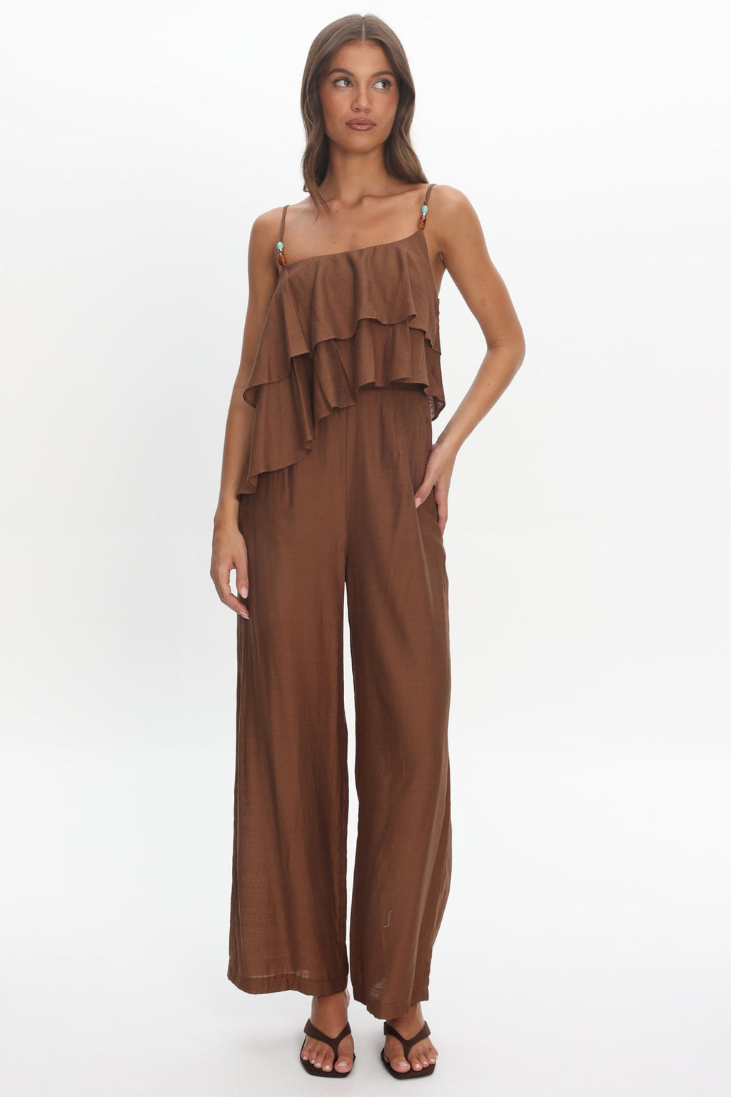 Darylyn Asymmetric Ruffle Jumpsuit Chocolate