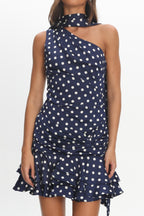 Truett One-Shoulder Sash Mini Dress Polka Dot Navy