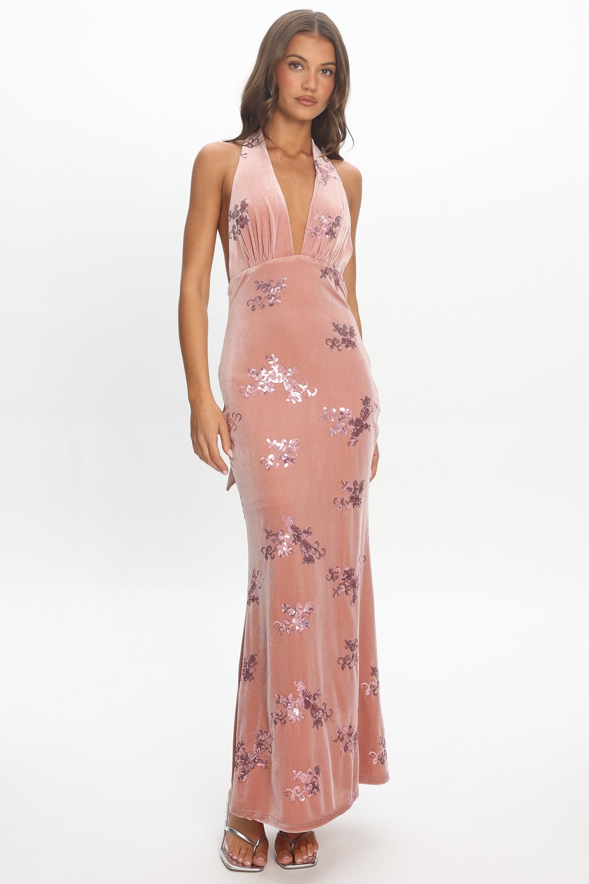 Annorah Halterneck Velvet Maxi Dress Sequin Blush Main image