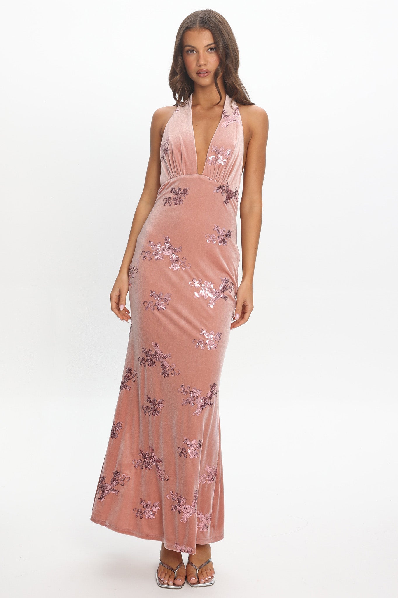 Annorah Halterneck Velvet Maxi Dress Sequin Blush Secondary image