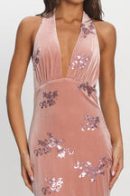 Annorah Halterneck Velvet Maxi Dress Sequin Blush