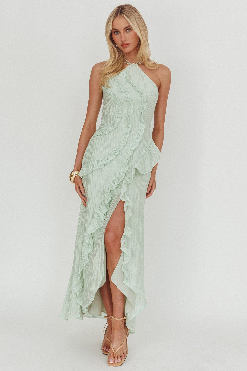 Nerisse Textured Frill Halter Maxi Dress Sage