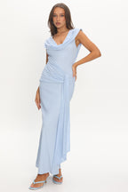 Virgo Season Draped Shoulder Maxi Dress Baby Blue