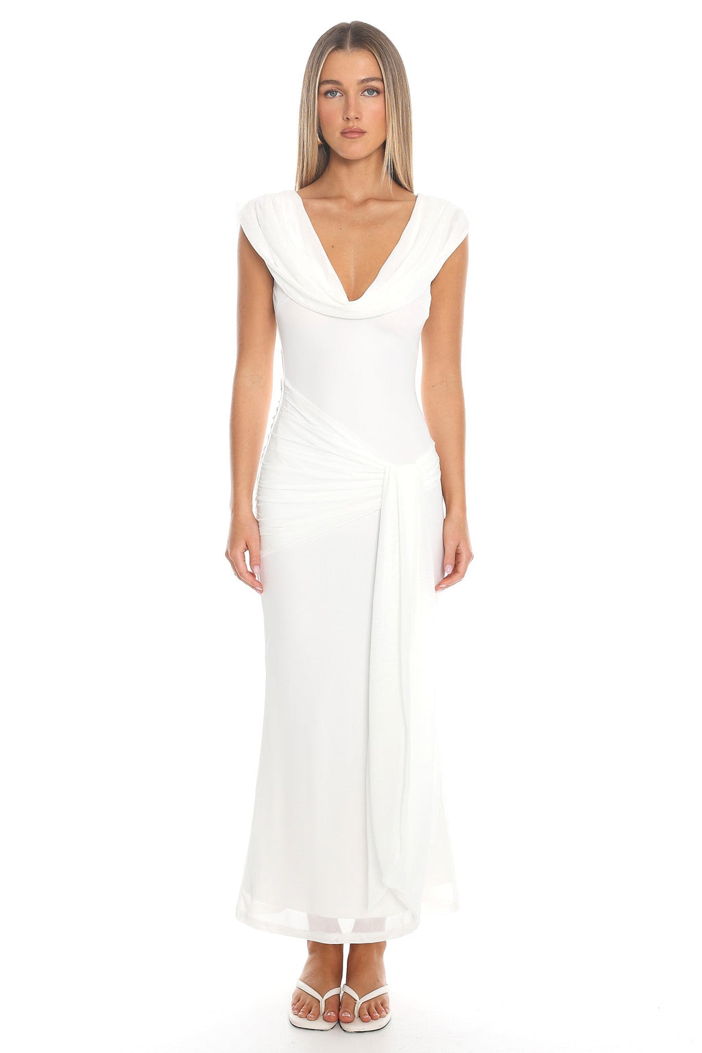 Virgo Season Draped Shoulder Maxi Dress White