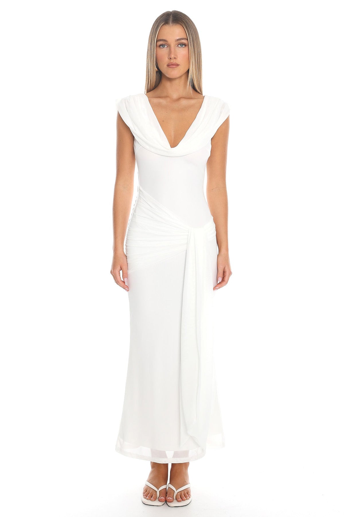 Virgo Season Draped Shoulder Maxi Dress White