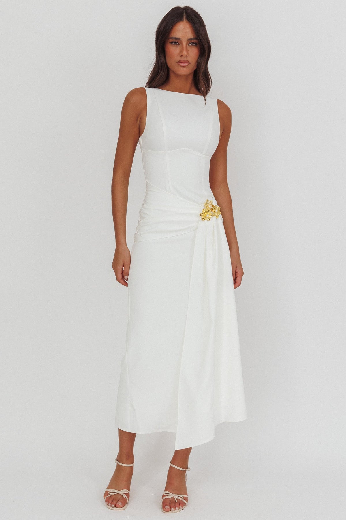 Zimora Gold Buckle Waist Drape Maxi Dress White Main image