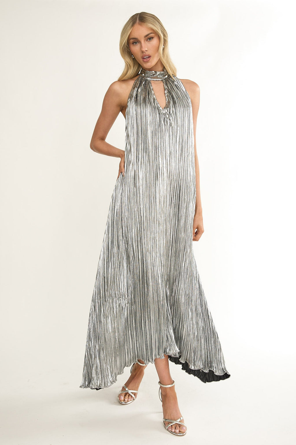 Aurea Halterneck Crepe Maxi Dress Silver