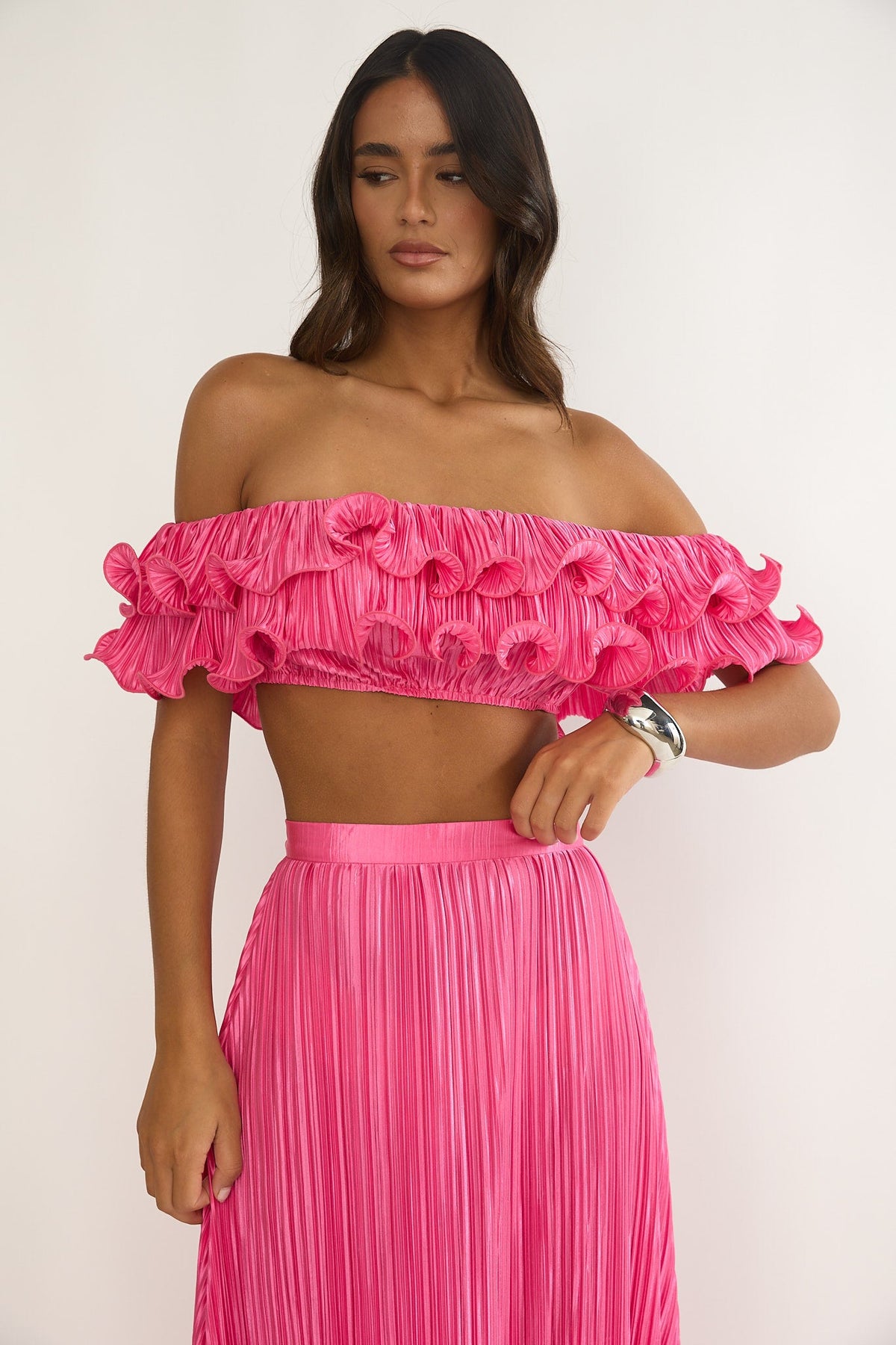 Amaria Off-Shoulder Lettuce Edge Crop Top Hot Pink Main image