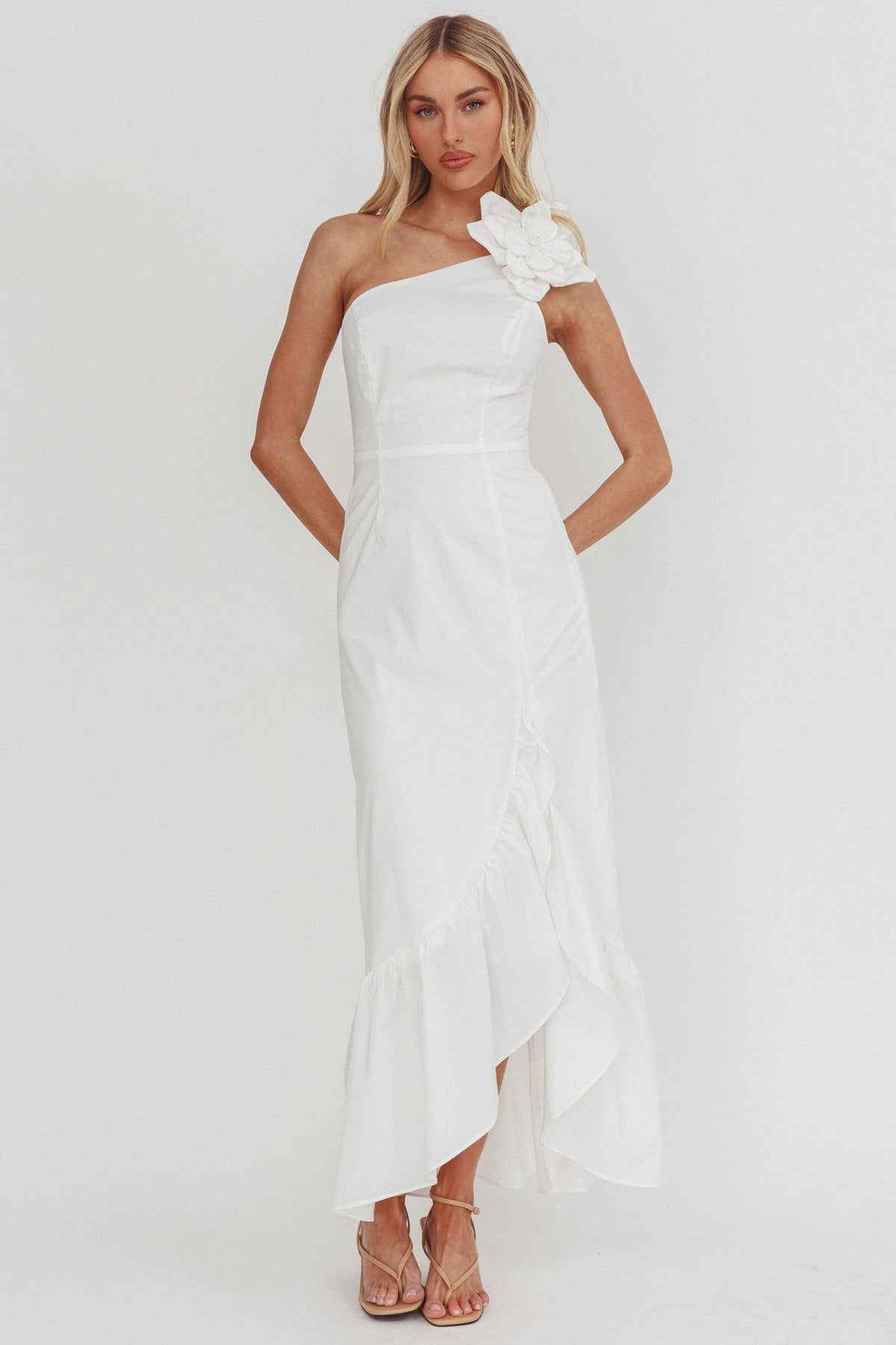 Dena One-Shoulder Frill Hem Maxi Dress White