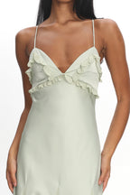 Caryn Frill Trim Godet Maxi Dress Sage