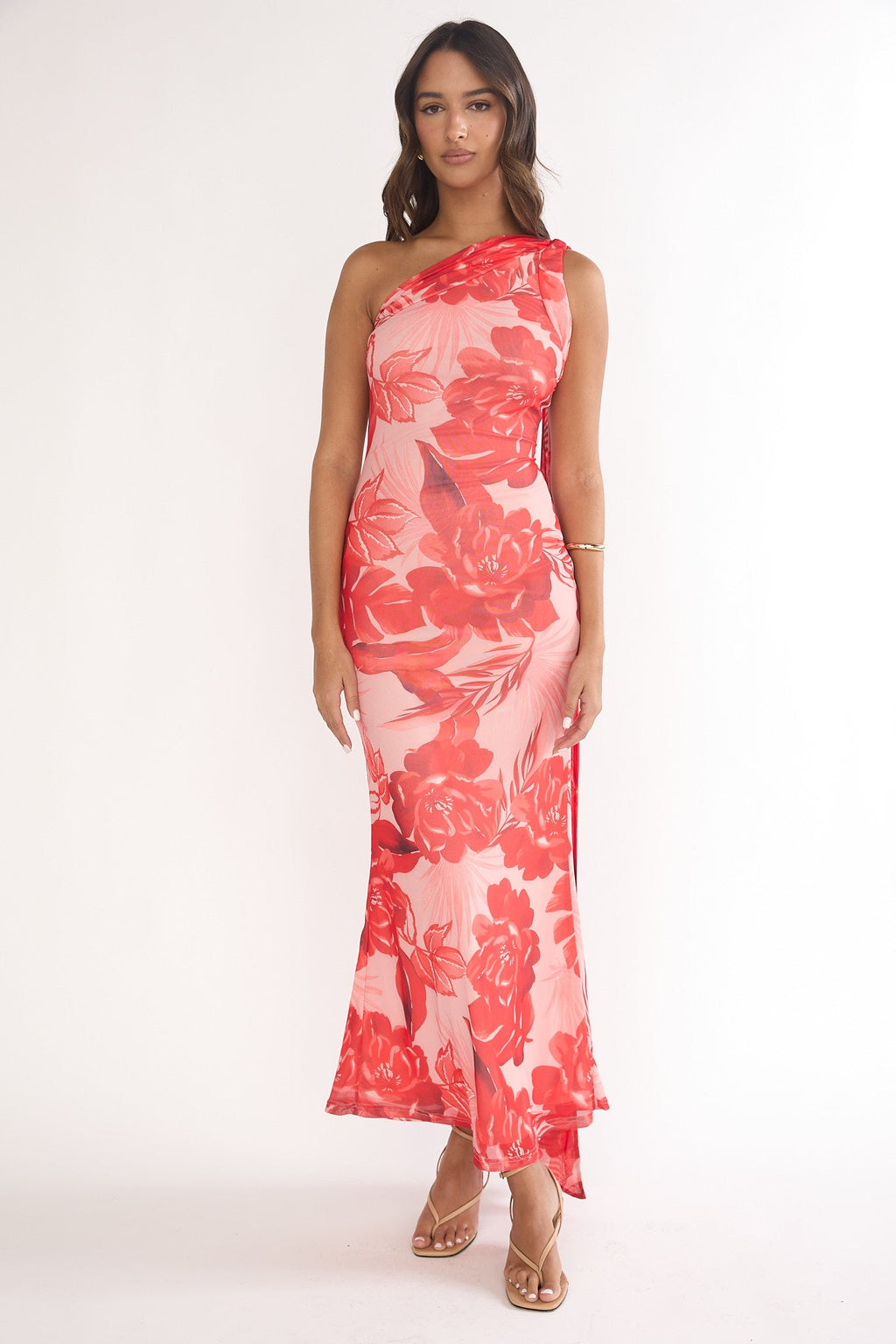 Ilyse Neck Scarf One-Shoulder Maxi Dress Floral Red