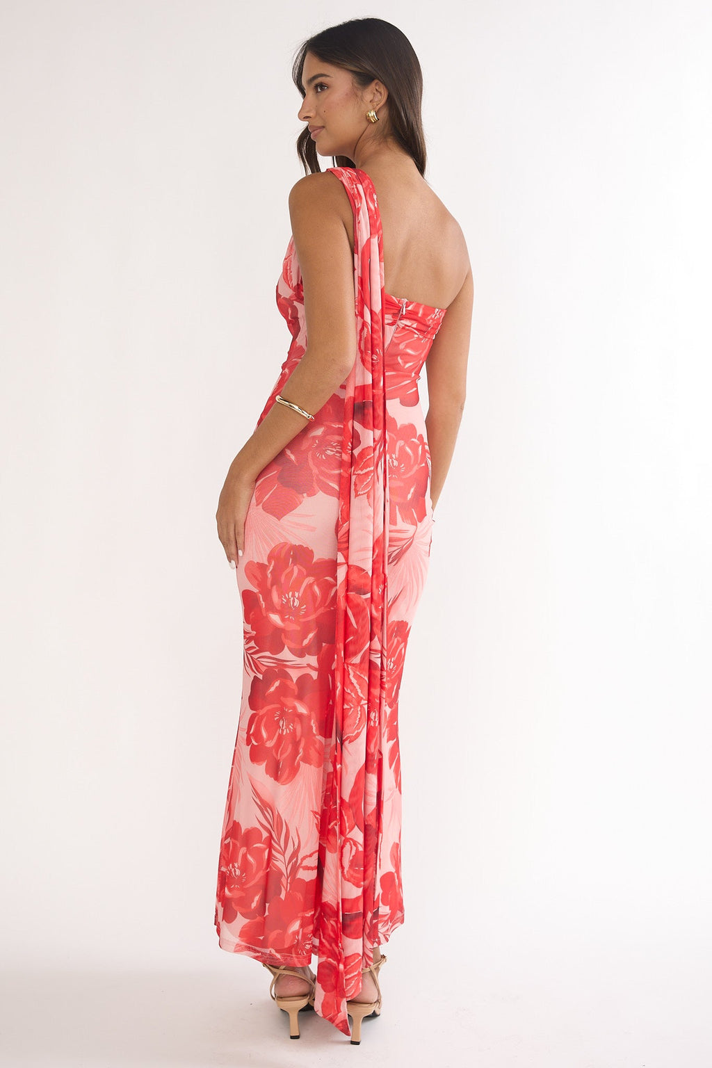Ilyse Neck Scarf One-Shoulder Maxi Dress Floral Red
