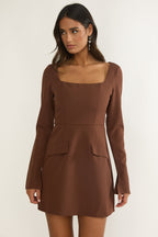 Calenne Long Sleeve Faux Pocket Mini Dress Coffee