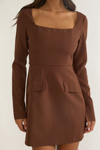 Calenne Long Sleeve Faux Pocket Mini Dress Coffee