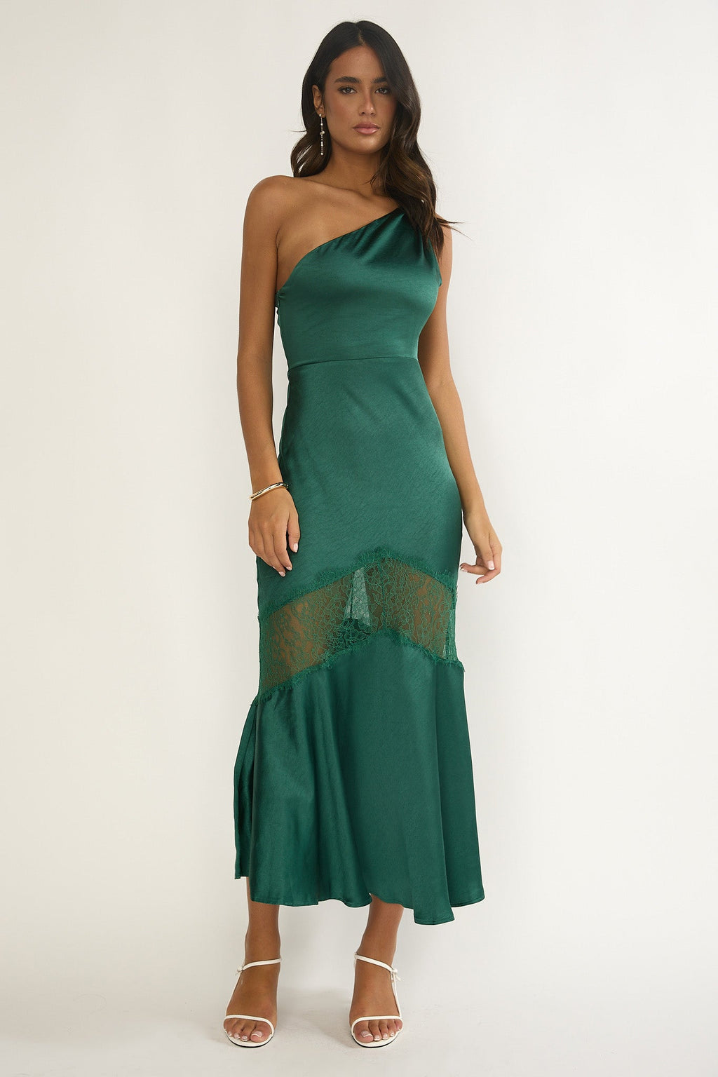Avielle Lace Trim One-Shoulder Maxi Dress Forest Green