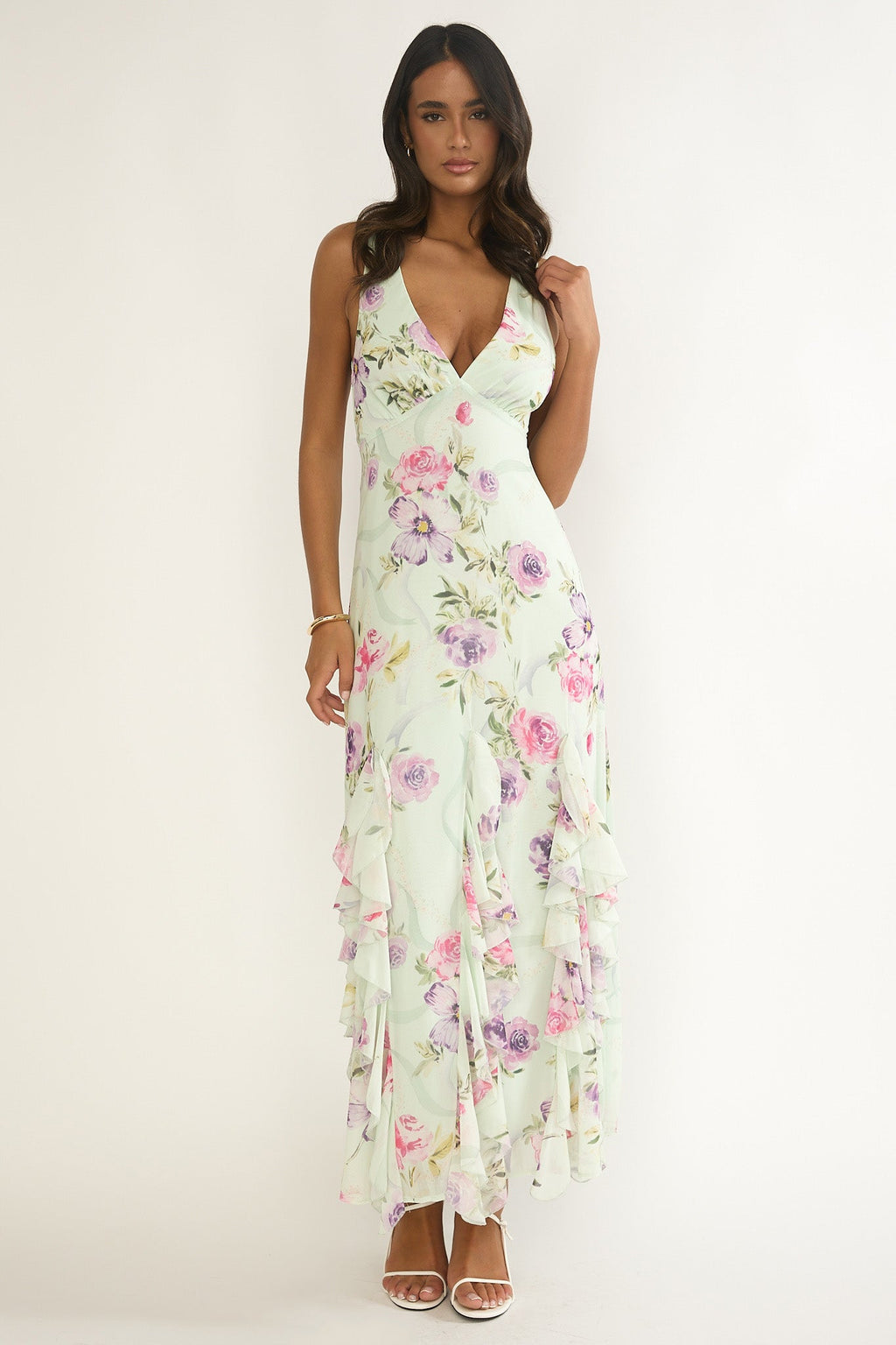 Elenya Strappy Back Ruffle Trim Maxi Dress Mint Floral