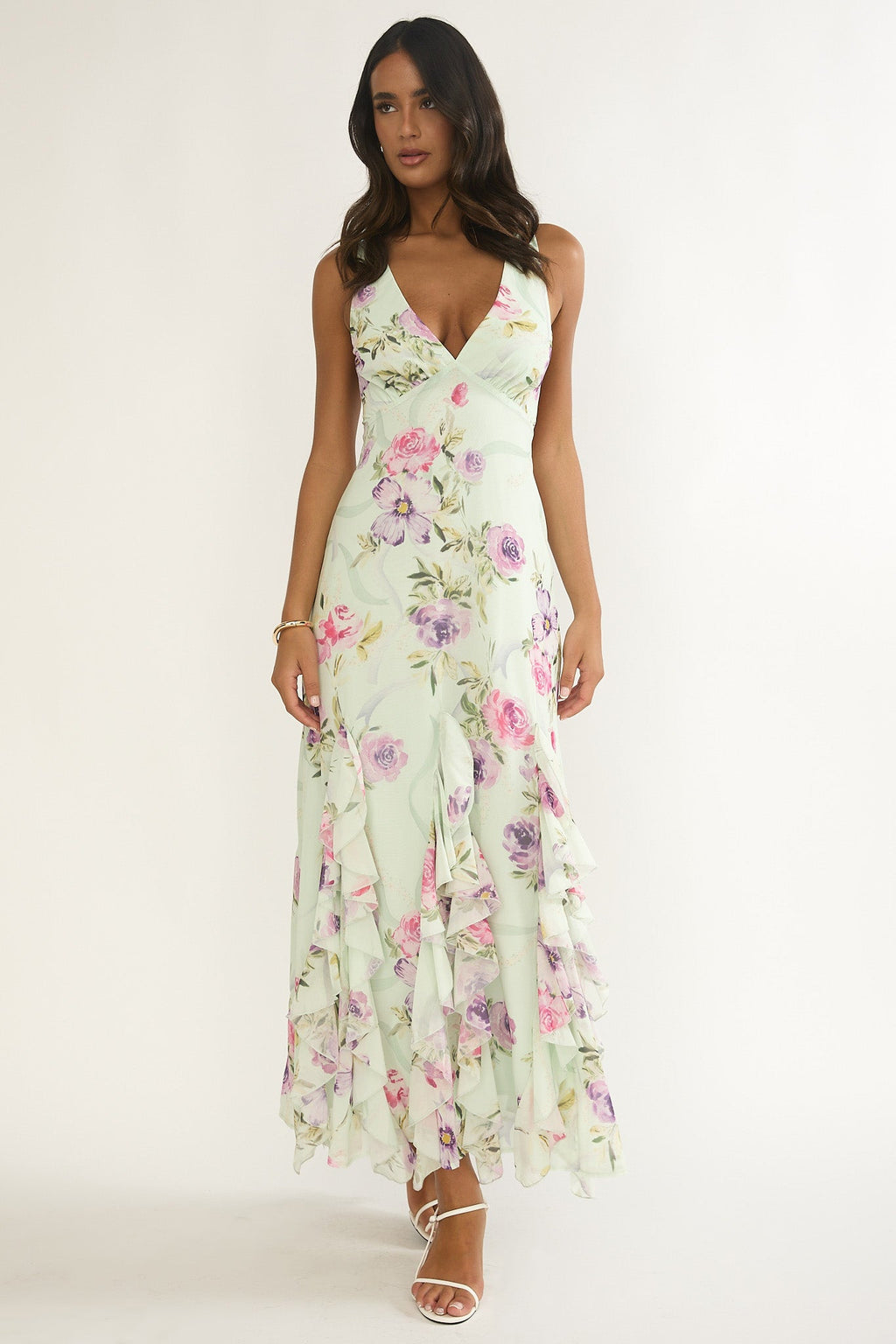 Elenya Strappy Back Ruffle Trim Maxi Dress Mint Floral