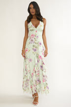 Elenya Strappy Back Ruffle Trim Maxi Dress Mint Floral
