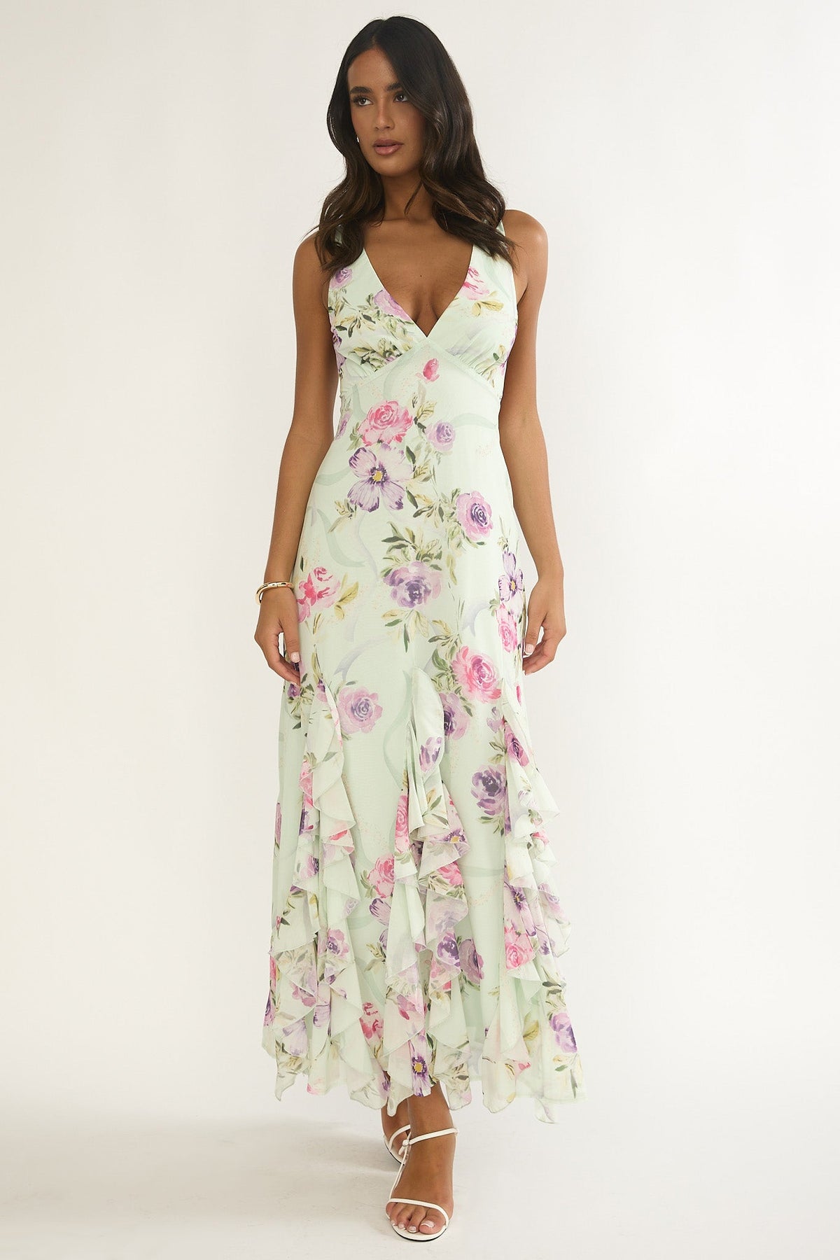 Elenya Strappy Back Ruffle Trim Maxi Dress Mint Floral