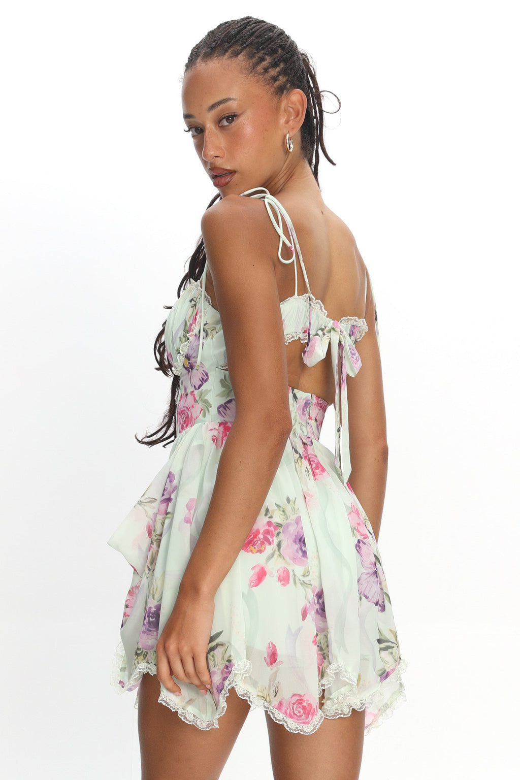 Gisora Tied Back Lace Trim Romper Floral Mint