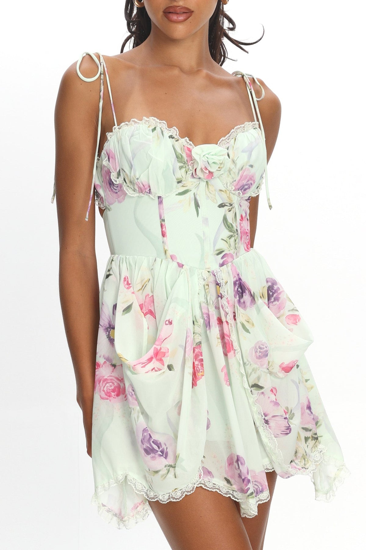 Gisora Tied Back Lace Trim Romper Floral Mint