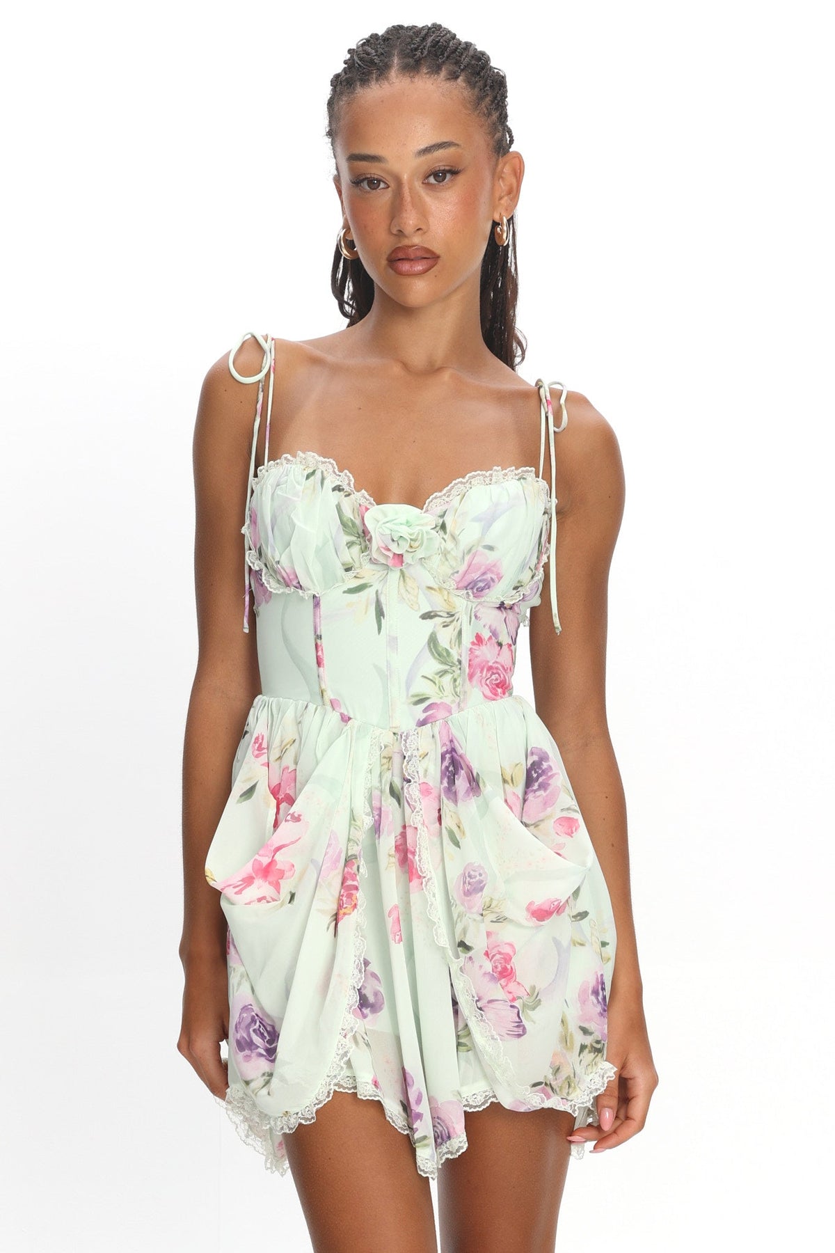 Gisora Tied Back Lace Trim Romper Floral Mint