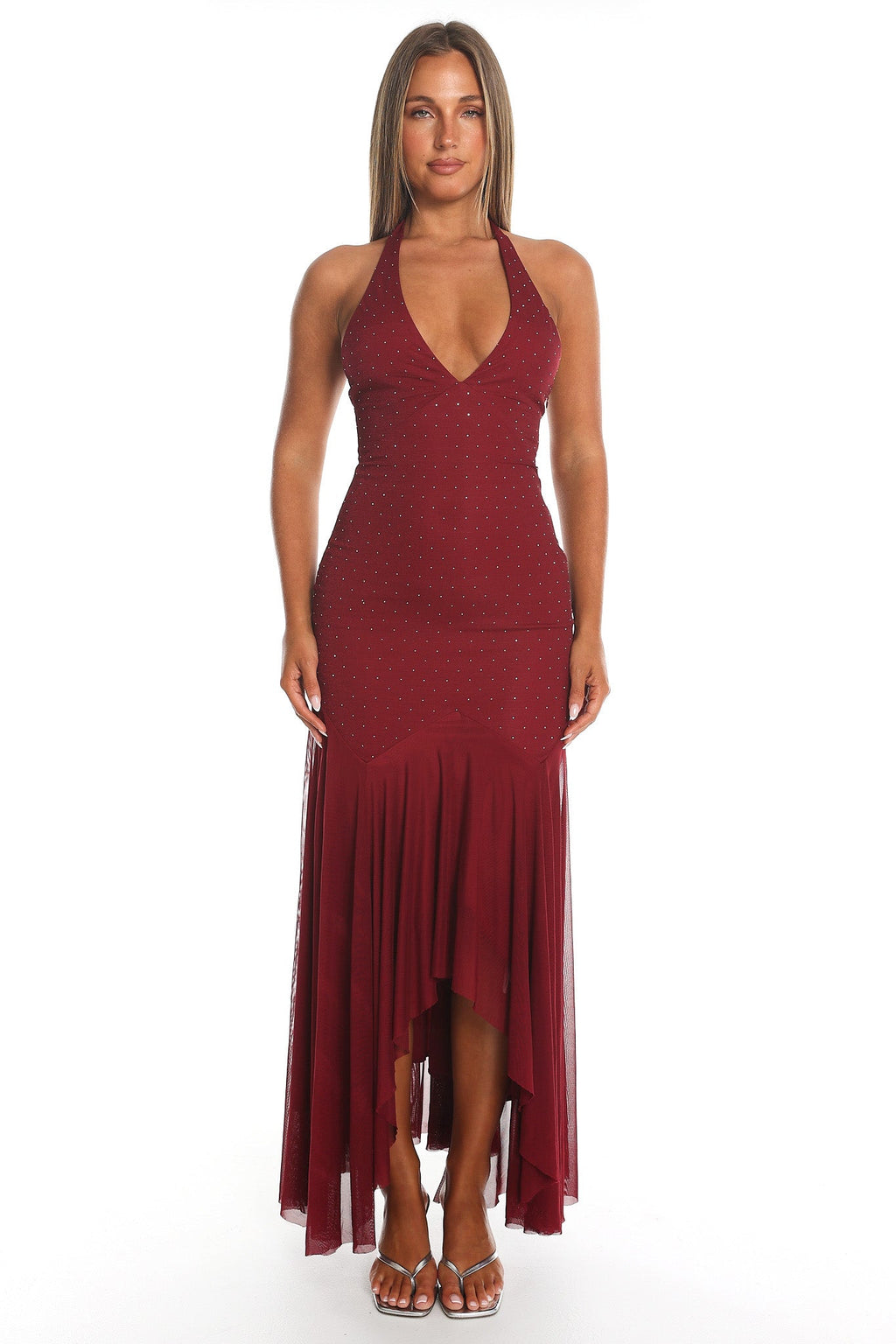 Endira Halter Sheer Hem Midi Dress Burgundy