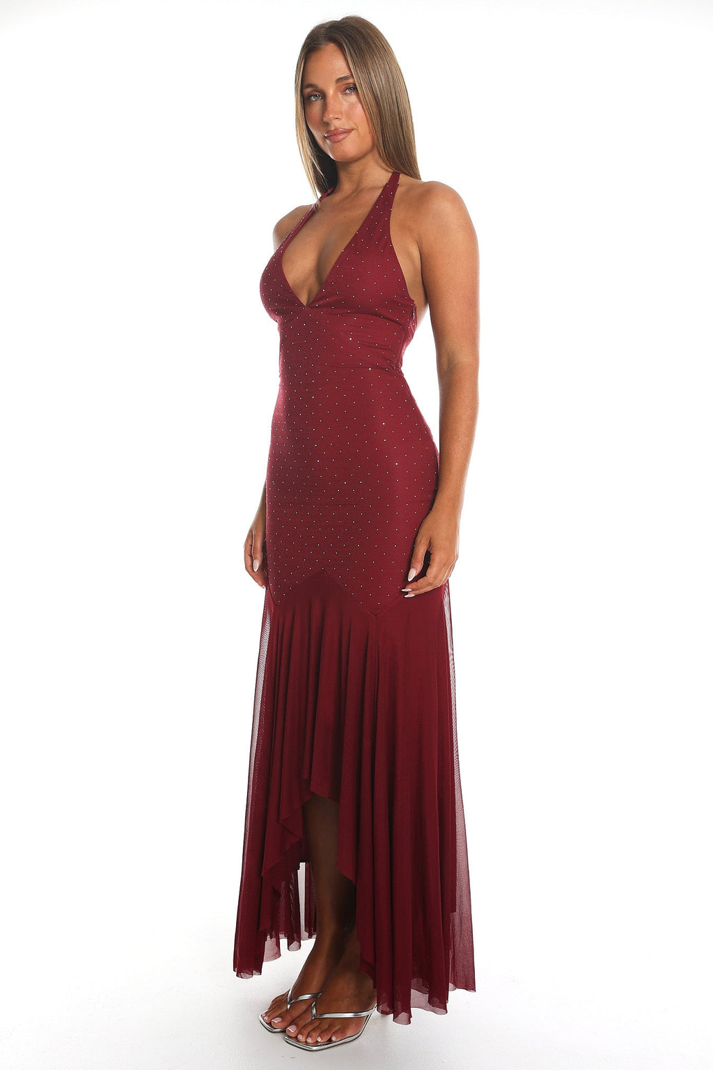 Endira Halter Sheer Hem Midi Dress Burgundy