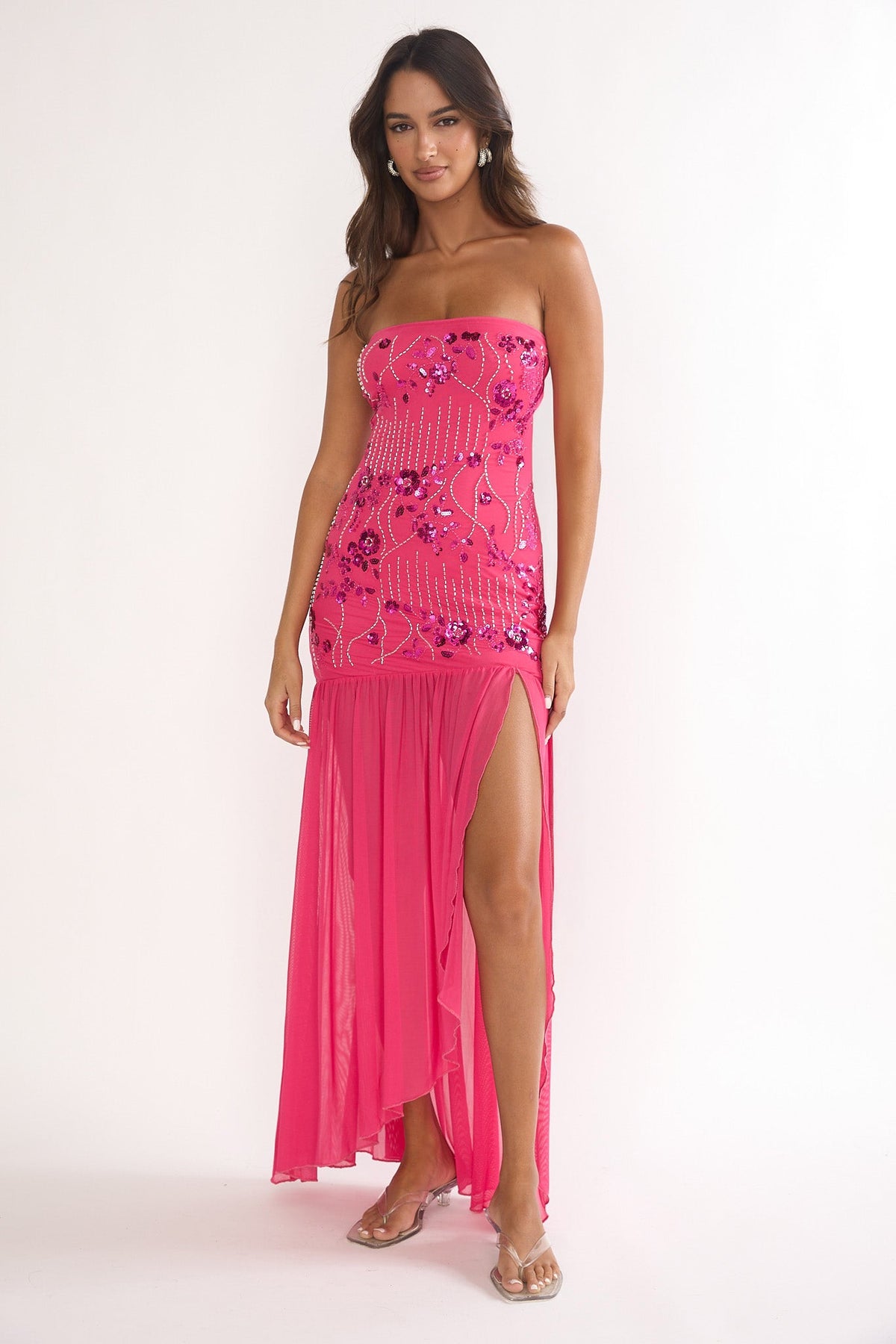 Jezra Strapless Sequin Embellished Maxi Dress Plum