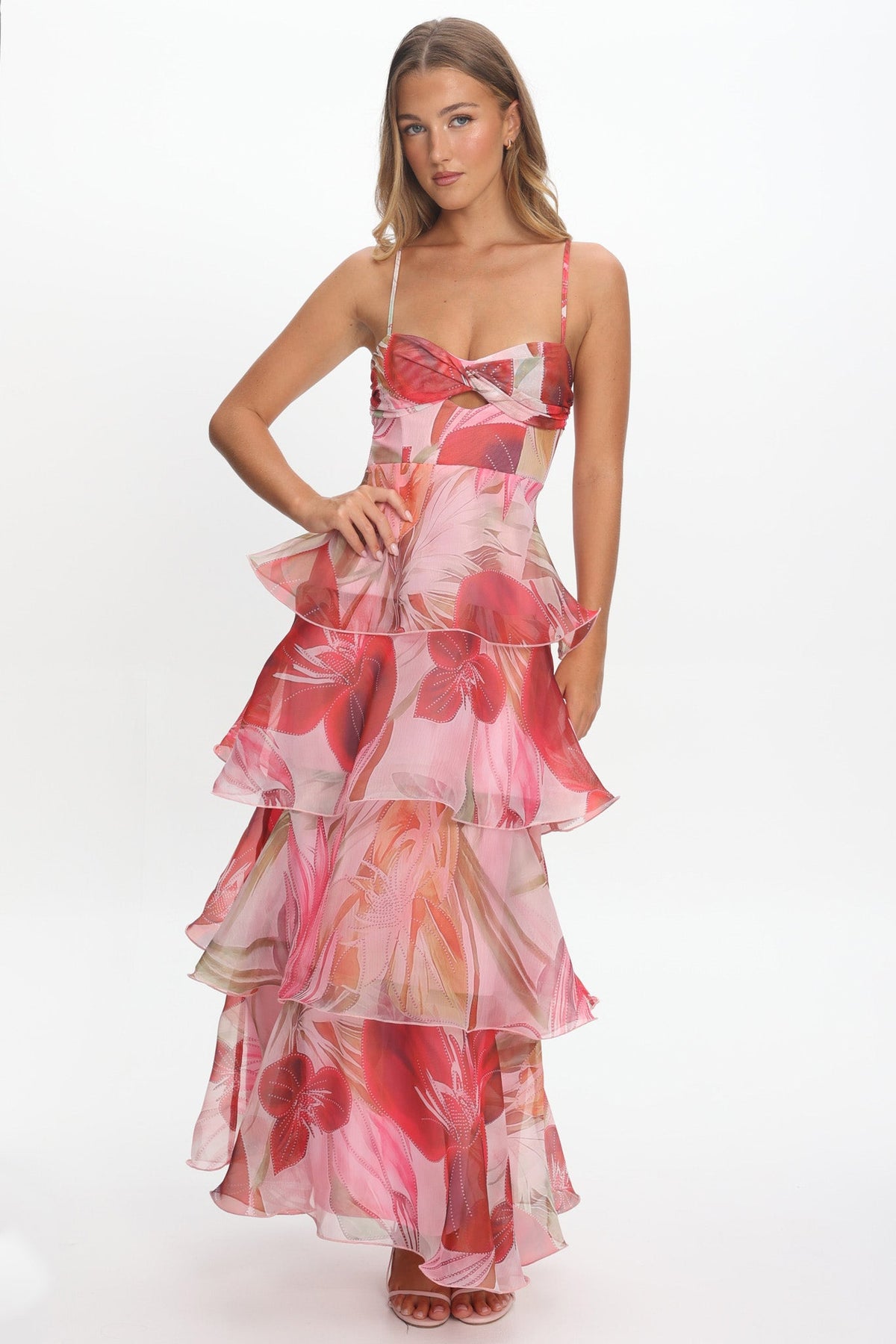 Varenna Layered Sweetheart Neckline Maxi Dress Print Red Main image