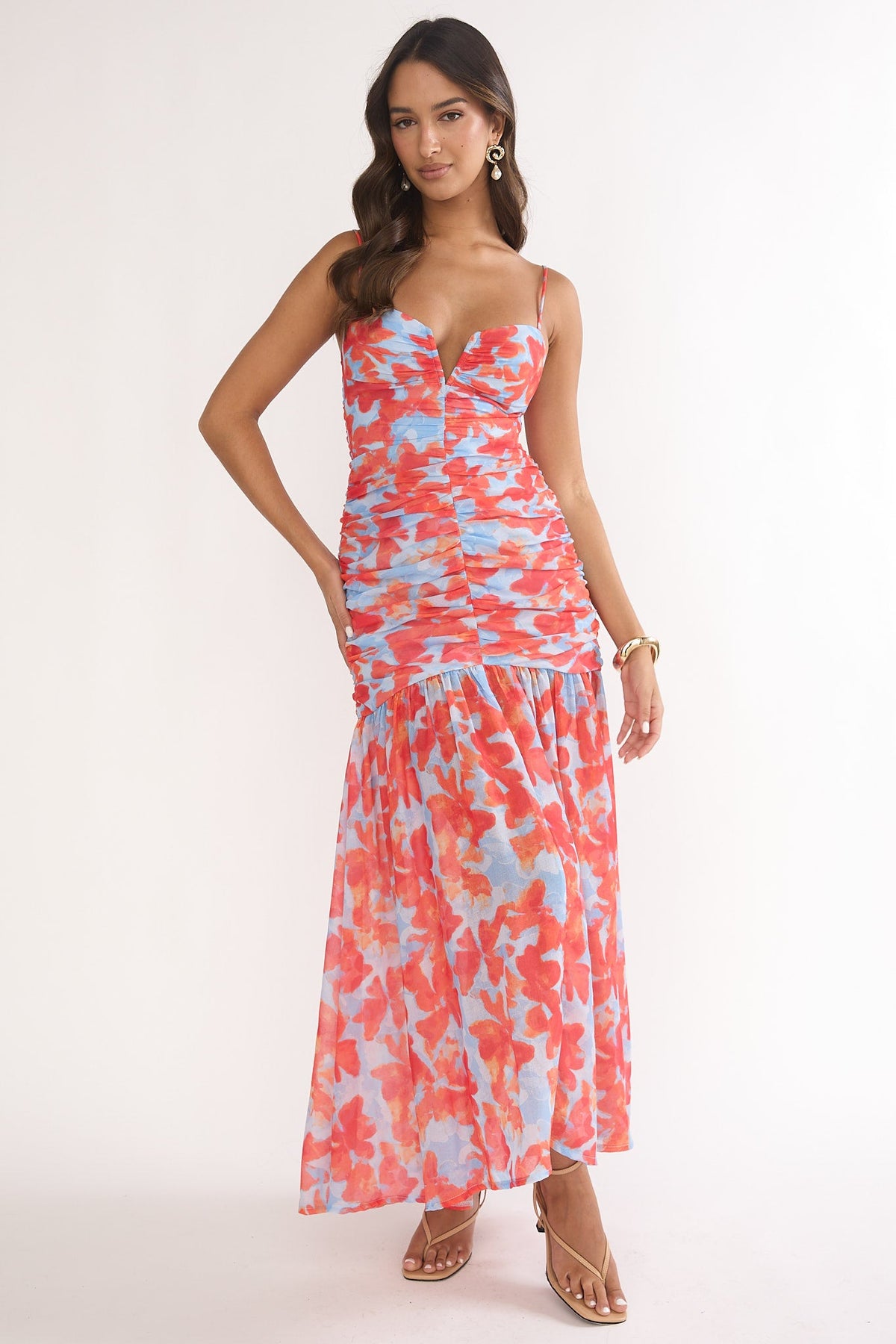 Harbor Ruched Maxi Dress Floral Blue Multi