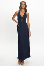 Lioren Plunge Halter Maxi Dress Indigo