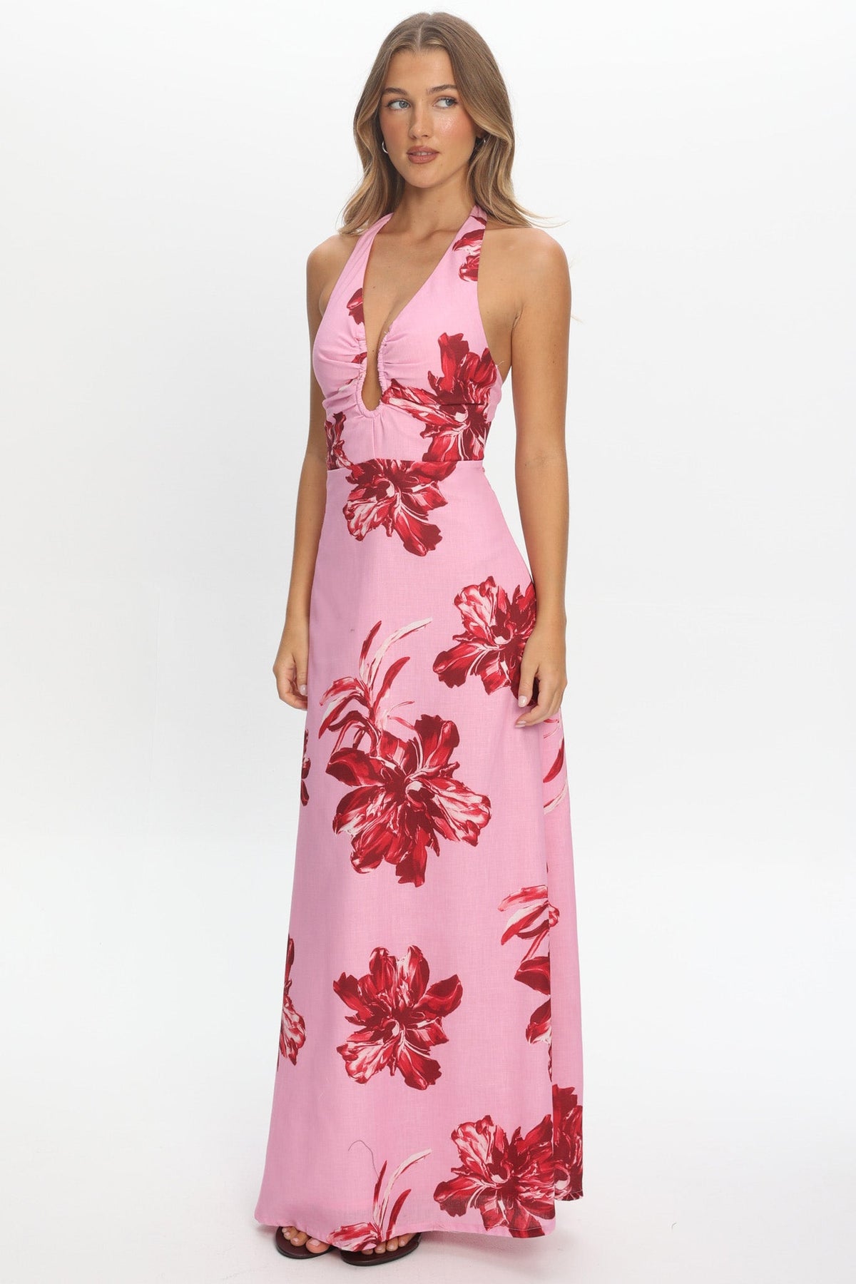 Lioren Plunging Halterneck Maxi Dress Floral Pink