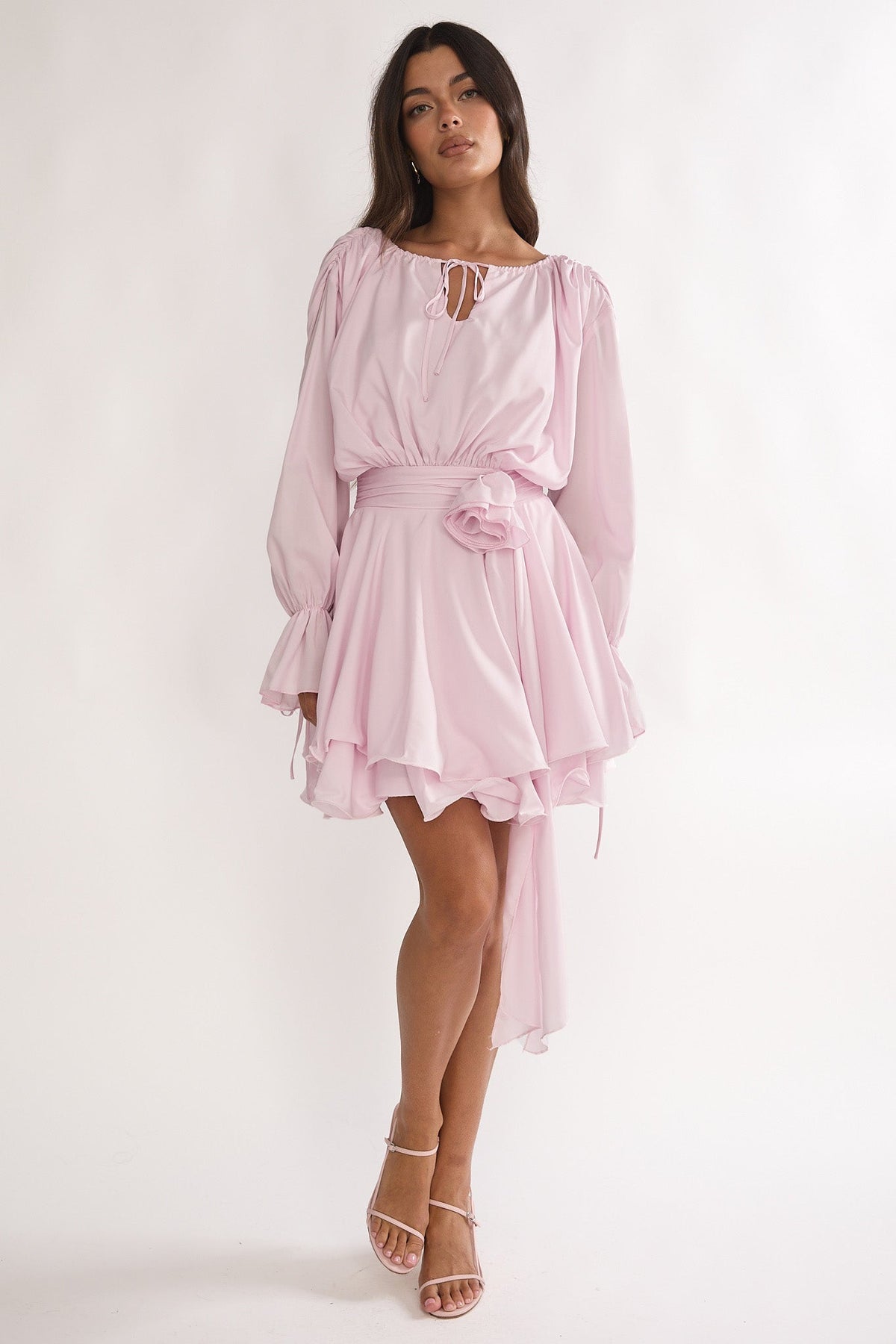 Maeva Long Balloon Sleeve Rosette Mini Dress Baby Pink Main image