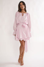 Maeva Long Balloon Sleeve Rosette Mini Dress Baby Pink