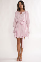 Maeva Long Balloon Sleeve Rosette Mini Dress Baby Pink